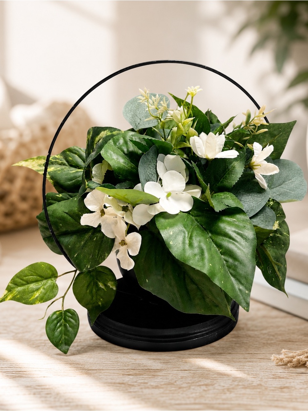 Handmade Faux Floral Arrangement Black Metal Hoop Wood Base 12”